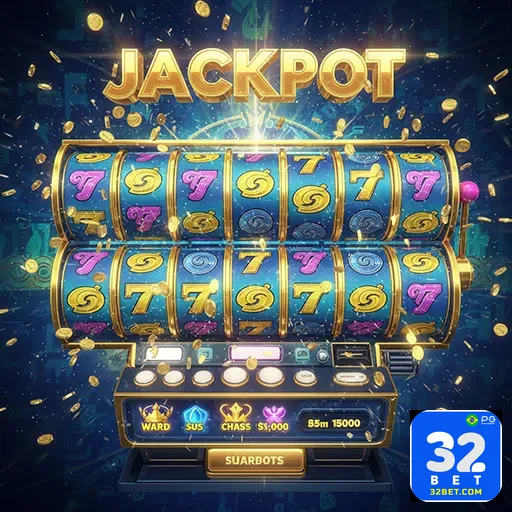 Imagem de jogos de caça-níqueis no 32bet, destaque para slots com símbolos coloridos e o logotipo do site 32bet.